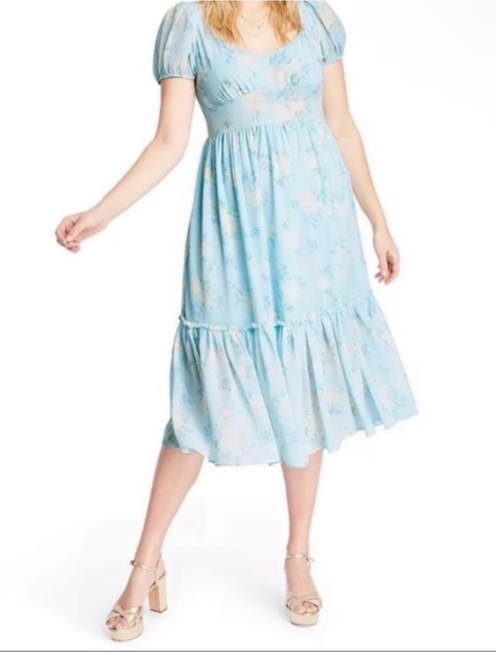 LoveShackFancy Sky Blue Floral Puff-Sleeve Midi Dress